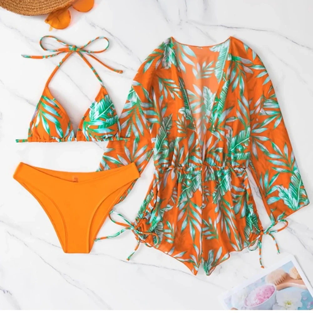 🚘Tropical Orange and Green Bikini 3 piece swim triangle halter top with rumper - Picture 5 of 13